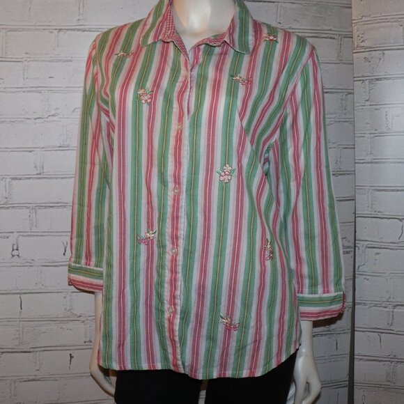 🌸💚🧵 Alfred Dunner Shirt · Embroidered Stripes · Size 16 - Picture 1 of 7